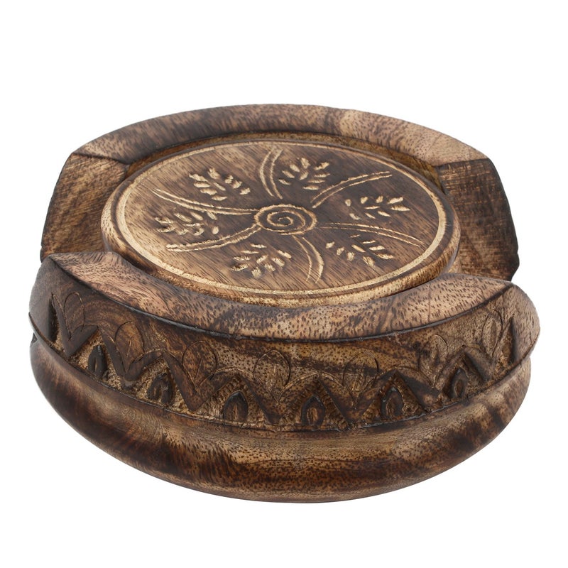 GoCraft Wooden Coasters Set of 6 | Handmade Drink Coasters with Lotus Shaped Holder in Rustic Wood Design Carving - Image 1
